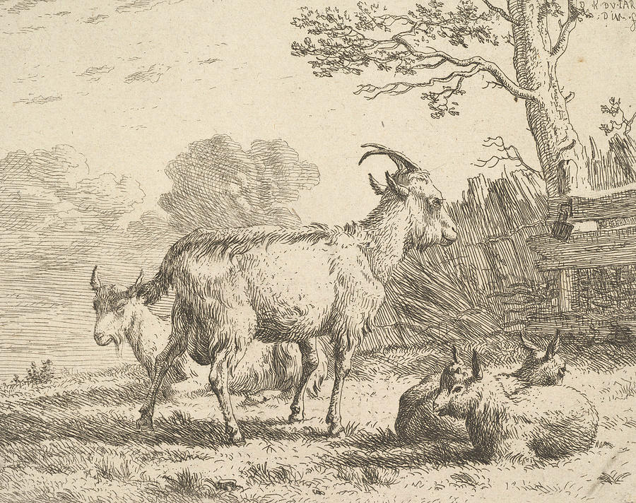 Four goats, at the back a nanny goat lies on the ground, in the middle a billy goat stands, in the f Relief by Karel Dujardin