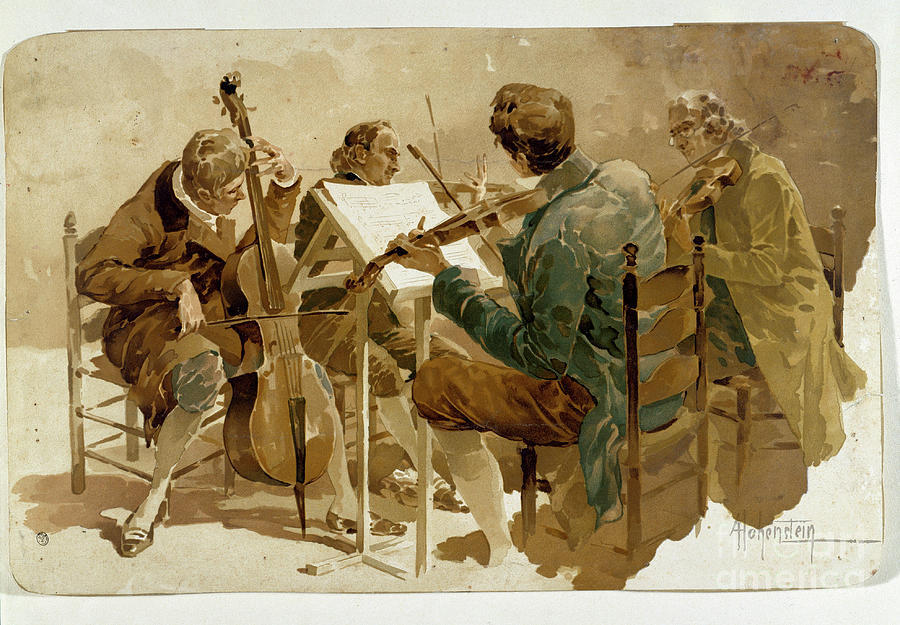 Four Musicians. Three Violinists And One Cellist, 19th Century Drawing by Adolfo Hohenstein