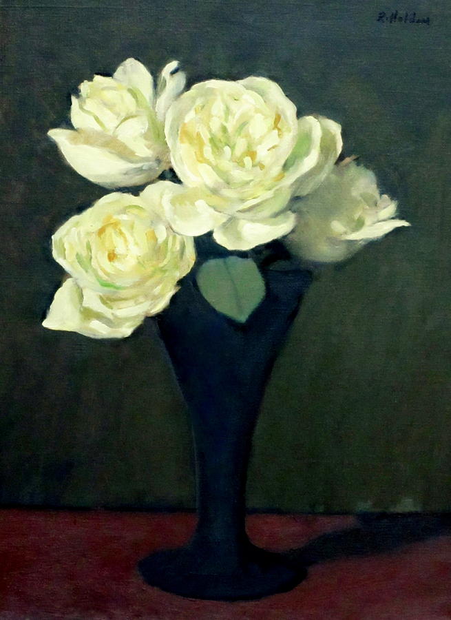 Four Off White Roses In Trumpet Vase Painting By Robert Holden