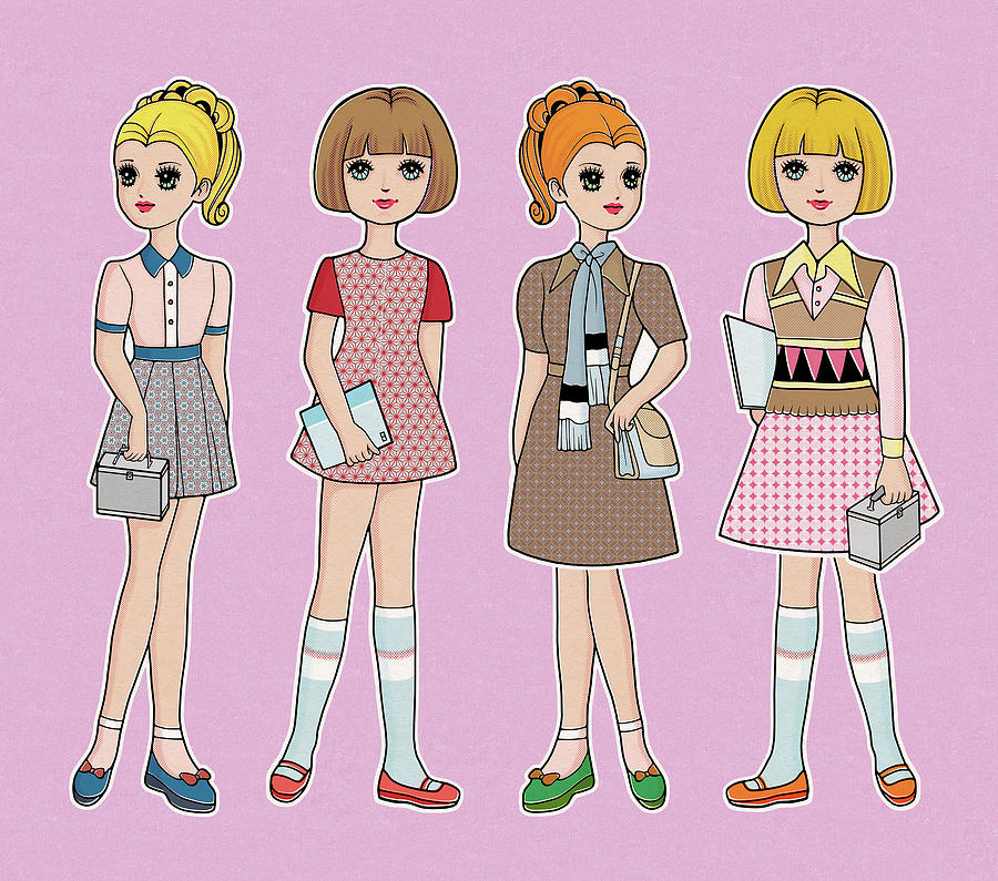 Vintage Drawing - Four Paper Dolls by CSA Images