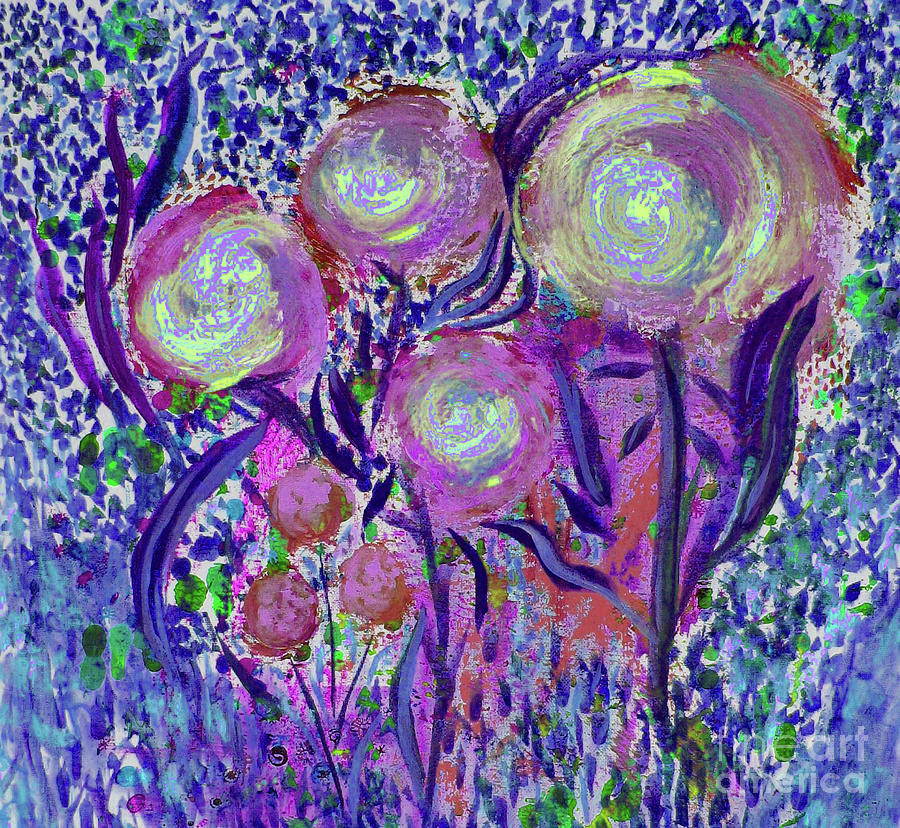 Four Pink Flowers in Blue Painting by Corinne Carroll