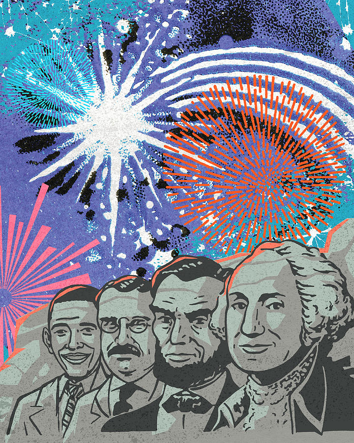 Fourth Of July Drawing - Four Presidents and Fireworks by CSA Images