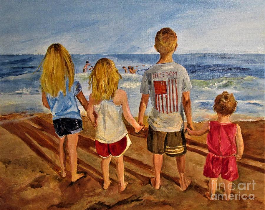 Four Siblings Watch the Game Painting by Barbara Moak