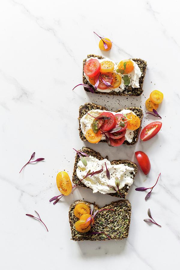 Four Slices Of Cereal-free Bread With Fresh Cheese And Small Tomatoes Photograph by Great Stock!