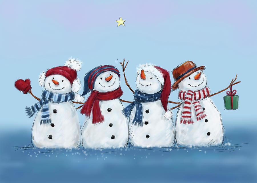 Christmas Mixed Media - Four Snowmen by Makiko