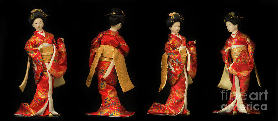 Four views of a Traditional Japanese Geisha doll in red kimono i Digital Art by Amy Cicconi