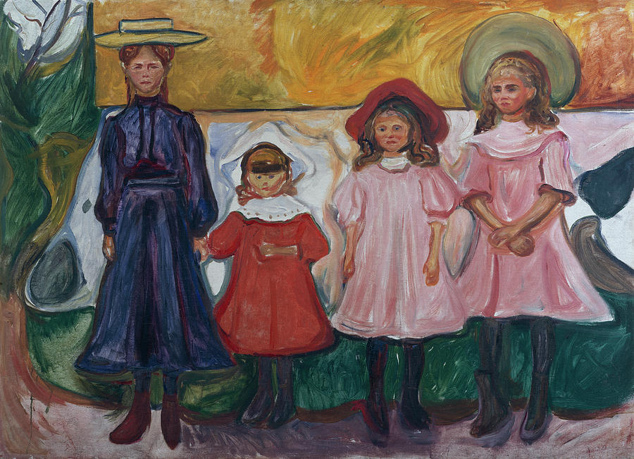 Four young girls in Aasgaardstrand, 1905 Painting by O Vaering by Edvard Munch