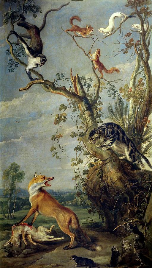Fox and Cat, Flemish School, Oil on canvas, 181 cm x 103 cm, P01755. Painting by Frans Snyders -1579-1657-