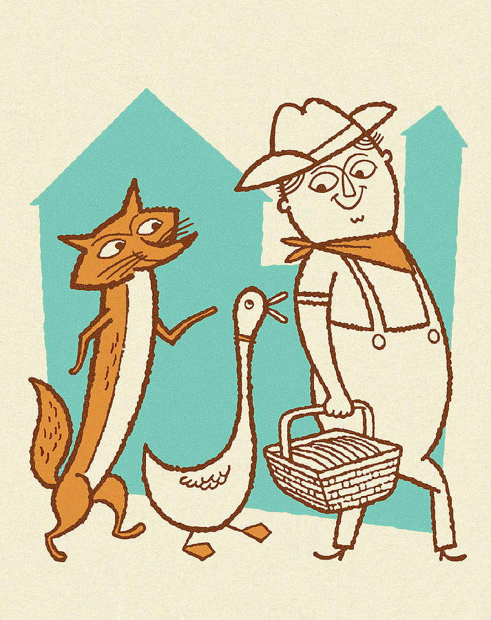 Duck Drawing - Fox and Duck Walking Behind a Farmer by CSA Images