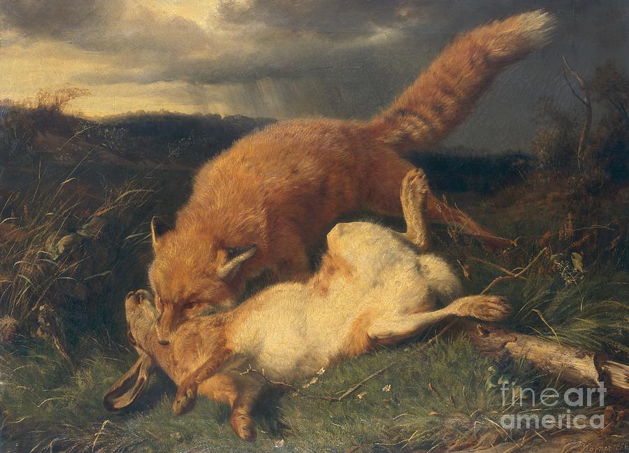 Fox And Hare, 1866 Painting by Johann Baptist Hofner