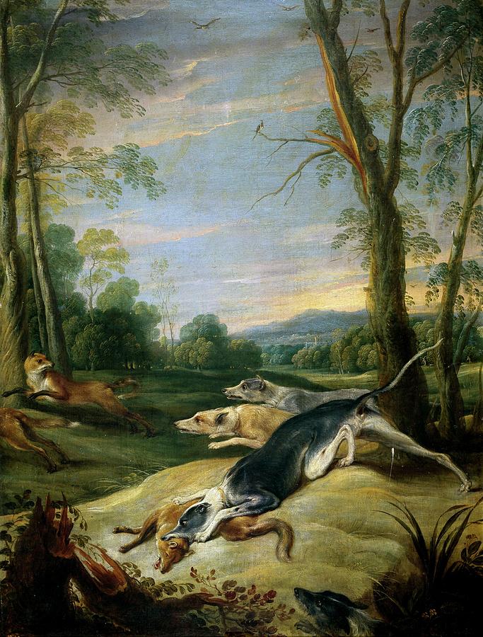 Foxes Persecuted by Dogs, 17th century, Flemish School, Oil on canvas, 111 cm x... Painting by Frans Snyders -1579-1657-