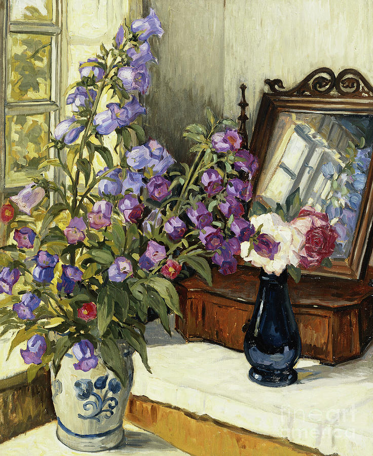 Rose Painting - Foxgloves And Roses On A Dressing Table, 1922 by Wilfred Peter Glud