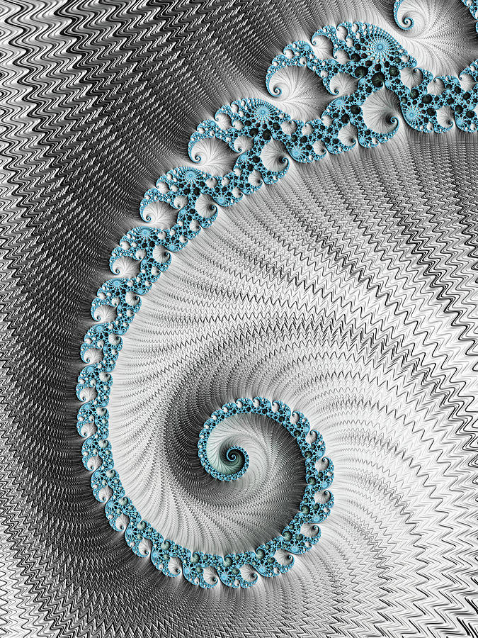 Abstract Digital Art - Fractal Spiral Art silver and cyan by Matthias Hauser