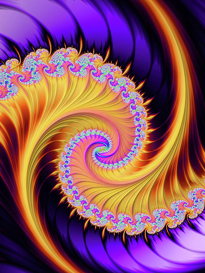 Abstract Digital Art - Fractal Spiral purple and gold vertical by Matthias Hauser