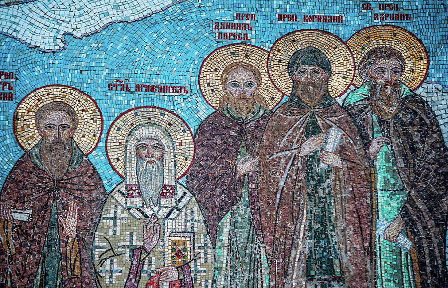 Fragment of mosaic with Saints in Tolga Monastery Photograph by Jenny Rainbow