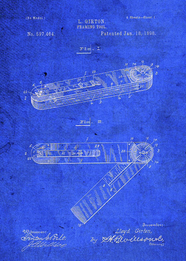 Framing Tool Carpentry Woodworking Vintage Patent Blueprints Mixed