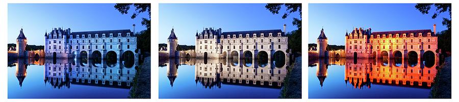 France, Centre, Loire Valley, Indre-et-loire, Chenonceaux, Chenonceau Castle, The Chateau On The River Cher Illuminated At Dusk With The Colors Of The French Flag Digital Art by Luigi Vaccarella