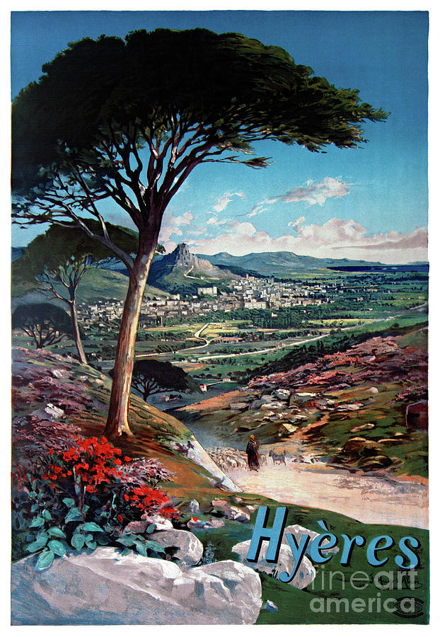 France Hyeres Vintage Travel Poster Restored Drawing