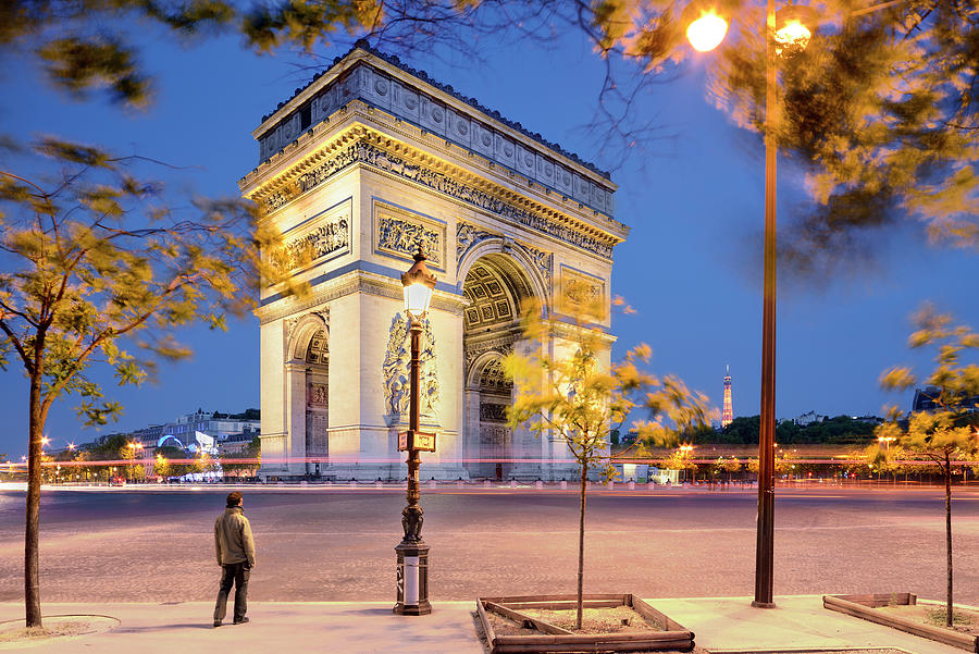 France, Ile-de-france, Paris, Champs Elysees, Arc De Triomphe, Among Trees In Spring-blooming At Dusk Digital Art by Francesco Carovillano