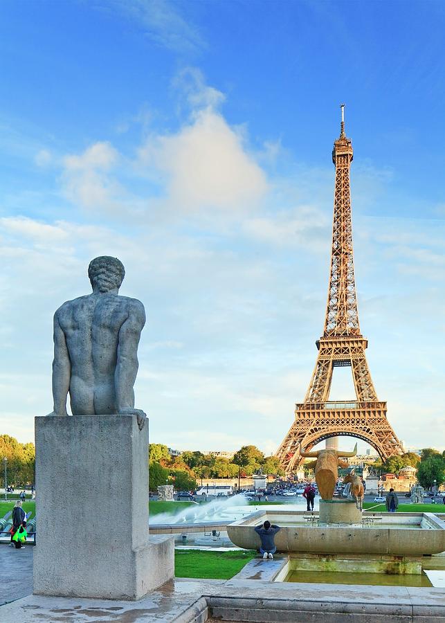 France, Ile-de-france, Paris, Eiffel Tower, Invalides, Trocadero Fountains, Eiffel Tower, Statue At Trocadero Gardens With The Tower In The Back Digital Art by Luigi Vaccarella