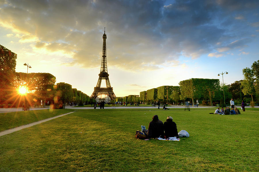 France, Ile-de-france, Paris, Eiffel Tower, Tuileries Garden In The Evening Digital Art by Francesco Carovillano