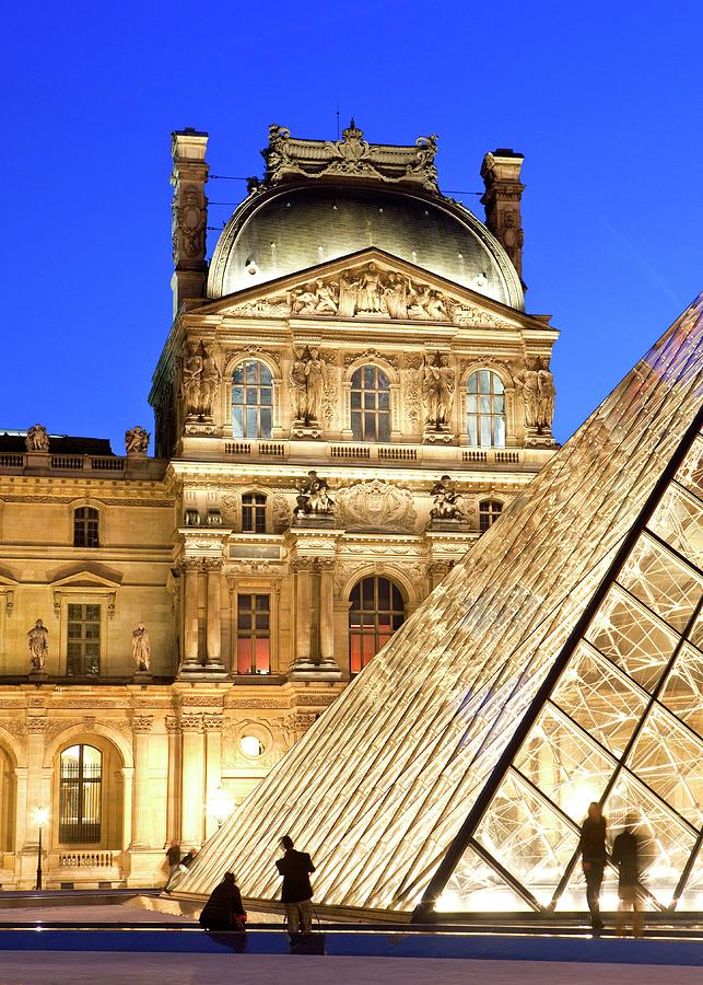France, Ile-de-france, Paris, Louvre, Vendome, Louvre Pyramid, The Palace Illuminated At Dusk Digital Art by Luigi Vaccarella