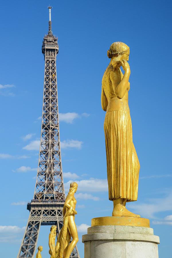 France, Ile-de-france, Ville De Paris, Paris, Invalides, Statues On The Square Of The Chaillot Palace, With The Eiffel Tower In Background Digital Art by Claudio Cassaro