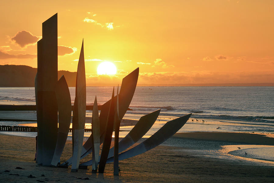 France, Normandy, Basse-normandie, D-day, Monument Of The D-day Landings On Omaha Beach At Sunset Digital Art by Claudio Leolini