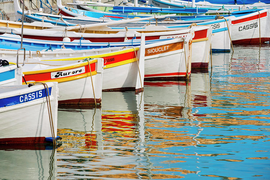 France, Provence-alpes-cote Dazur, Cassis, Colorful Boats And Reflections In The Harbor Digital Art by Jordan Banks