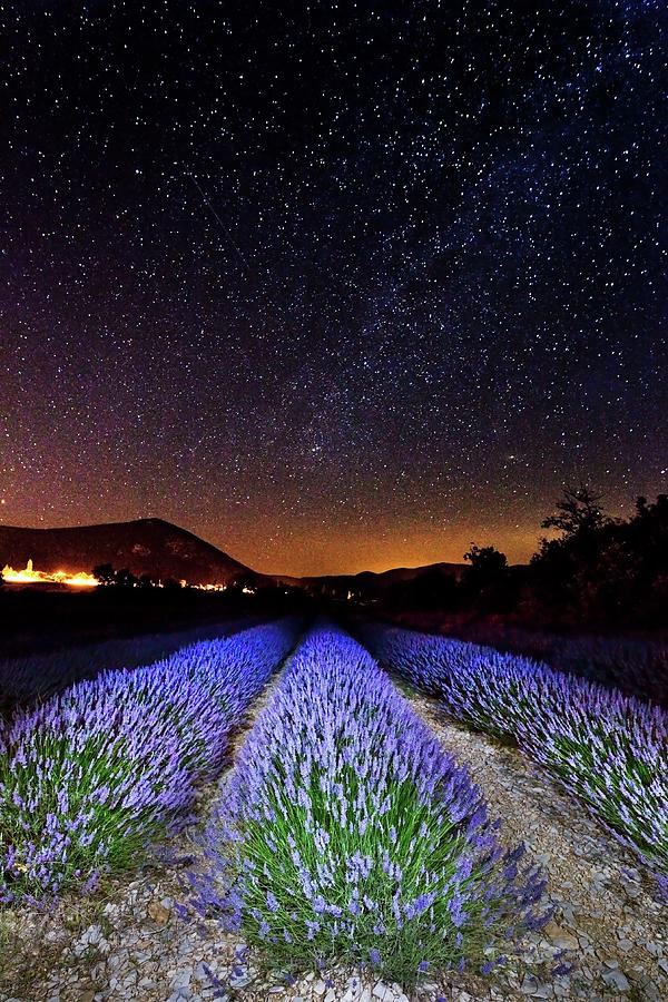 France, Provence-alpes-cote Dazur, Provence, Banon, Lavender Fields In Front Of Village Of Banon At Night Digital Art by Luigi Vaccarella