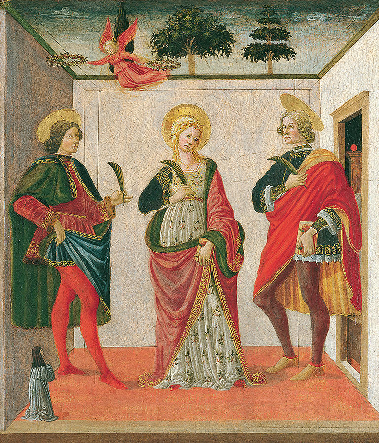 Francesco Botticini -Florence, 1446/47-1498-. Saint Cecilia between Saint Valerian and Saint Tibu... Painting by Francesco Botticini -1446-1497-