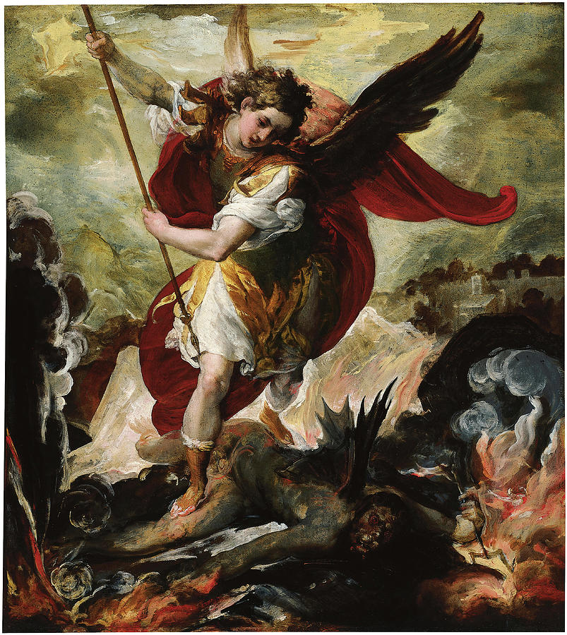 Francesco Maffei -Vicenza, 1605 -Padua, 1660-. The Archangel Michael overthrowing Lucifer -ca. 16... Painting by Francesco Maffei -c 1625-1660-