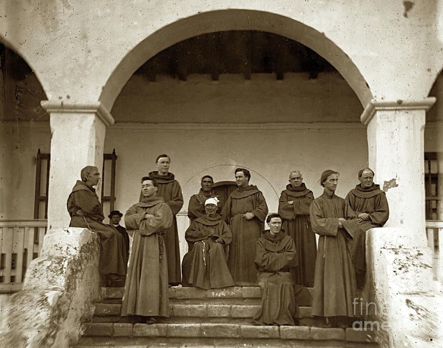 Franciscan Photograph - Franciscan Fathers on the steps of the Santa Barbara Mission, Circa 1873 by Monterey County Historical Society