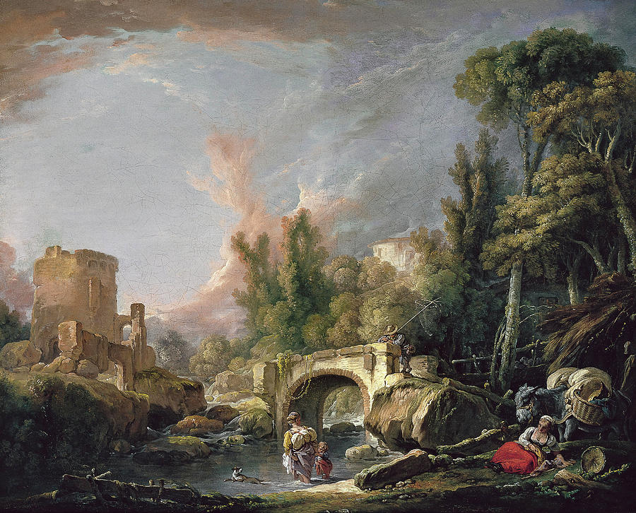 Francois Boucher -Paris, 1703-1770-. River Landscape with Ruin and Bridge -1762-. Oil on canvas. ... Painting by Francois Boucher -1703-1770-
