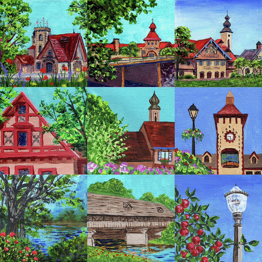 Frankenmuth Downtown Michigan Painting Collage V Painting by Irina Sztukowski