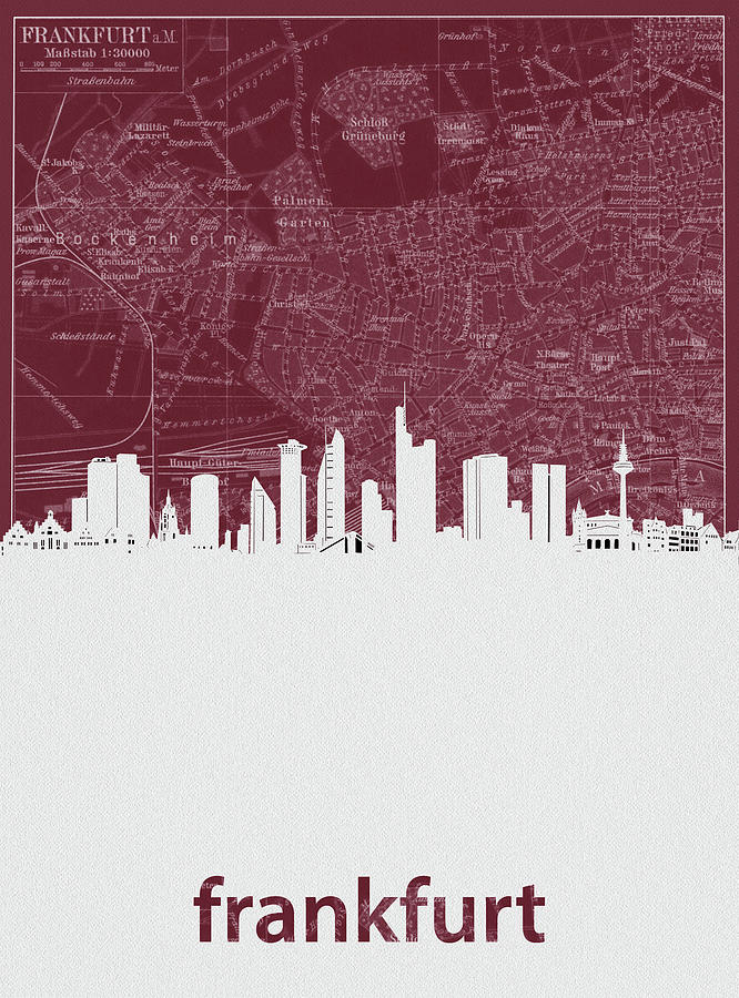 Frankfurt Skyline Map Red Digital Art By Bekim M