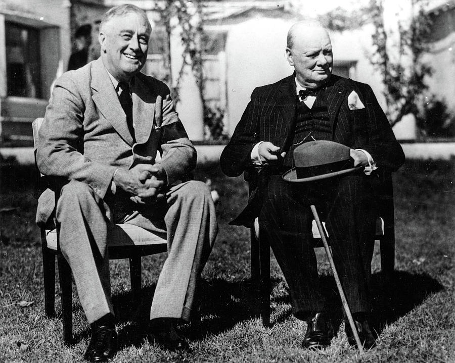 Casablanca Movie Painting - Franklin D. Roosevelt with Winston Churchill at the Casablanca Conference by English School