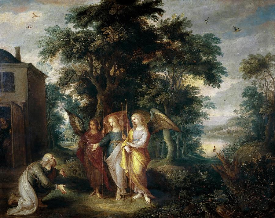 Genesis Painting - Frans II Francken / Abraham and the Three Angels, Flemish School, Oil on copper. by Frans Francken II the Younger -1581-1642-
