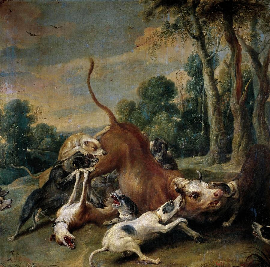 Frans Snyders / Bull Surrendered by Dogs, Flemish School, Oil on canvas, 98 cm x 100 cm, P01763. Painting by Frans Snyders -1579-1657-
