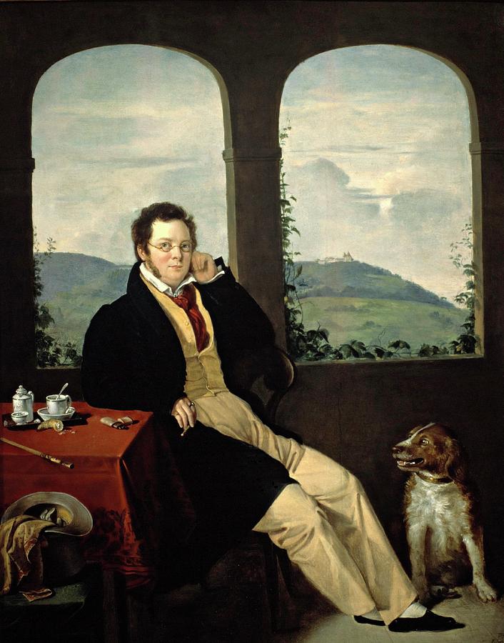Franz Schubert, 1827, Oil on panel, 61.5 cm x 48.5 cm. MELEGH GABOR . Painting by Gabor Melegh -1801-1832-