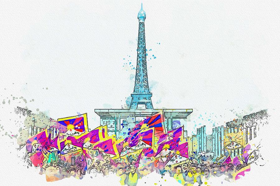 Free Tibet Demostration In Paris, France 2 -  Watercolor By Adam Asar Painting