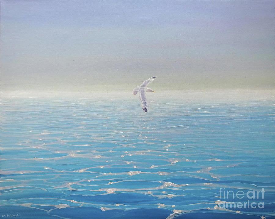 Freedom a seascape blue ocean with lone seagull Painting by Gill Bustamante