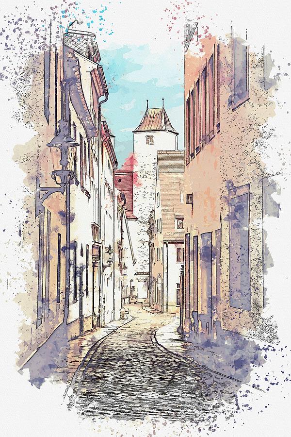 Freiberg alley -  watercolor by Ahmet Asar Painting by Celestial Images