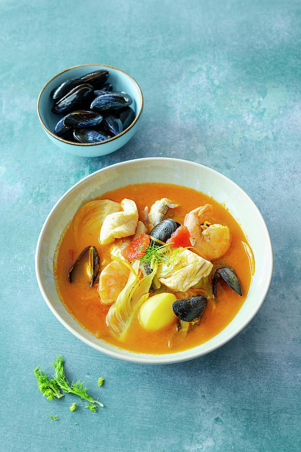 French Bouillabaisse With Fish, Shrimps And Mussels Photograph by Jan Wischnewski