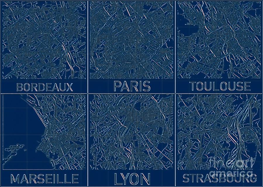 French Cities Blueprint Maps Digital Art by HELGE Art Gallery