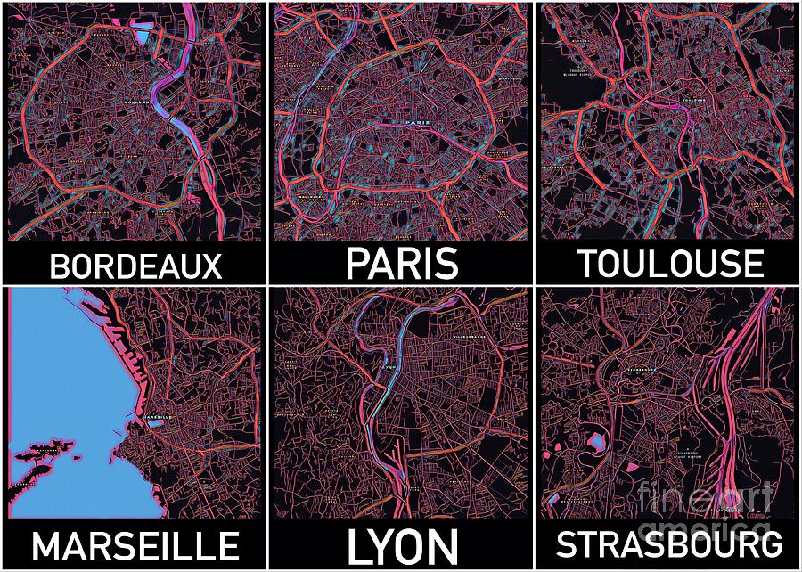 French Cities Maps Digital Art by HELGE Art Gallery