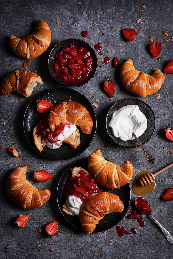 French Croissants With Yoghurt And Strawberry Rhubarb Jam Photograph by Karolina Polkowska