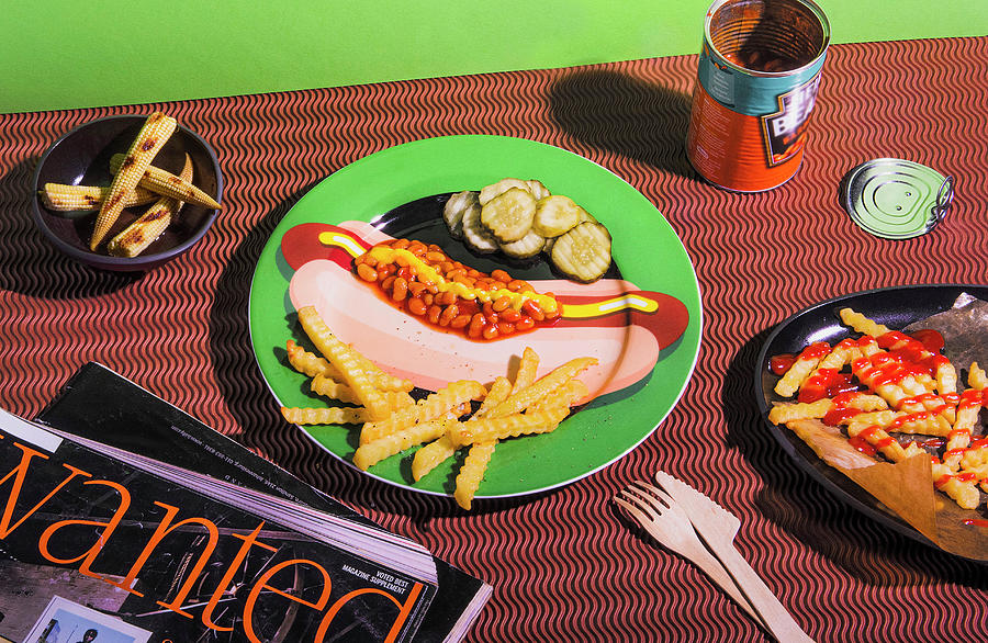 French Fries, Baked Beans And Pickles On A Plate With A Hot Dog Motif Photograph by Olga Berndt