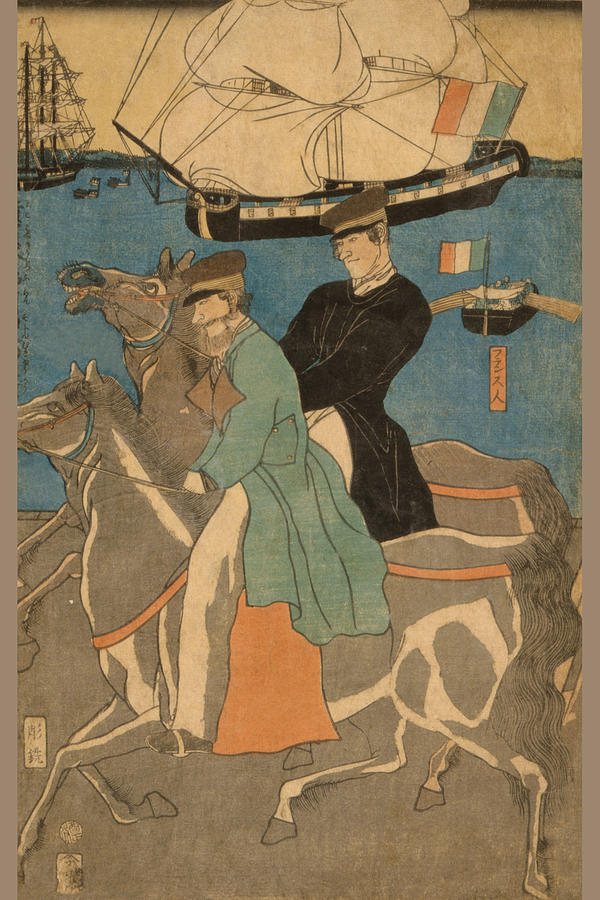 French men taking horse ride on Sunday in Yokohama (Yokohama kyu?jitsu Furansujin uma yu?ko?) Painting by Sadahide Utagawa