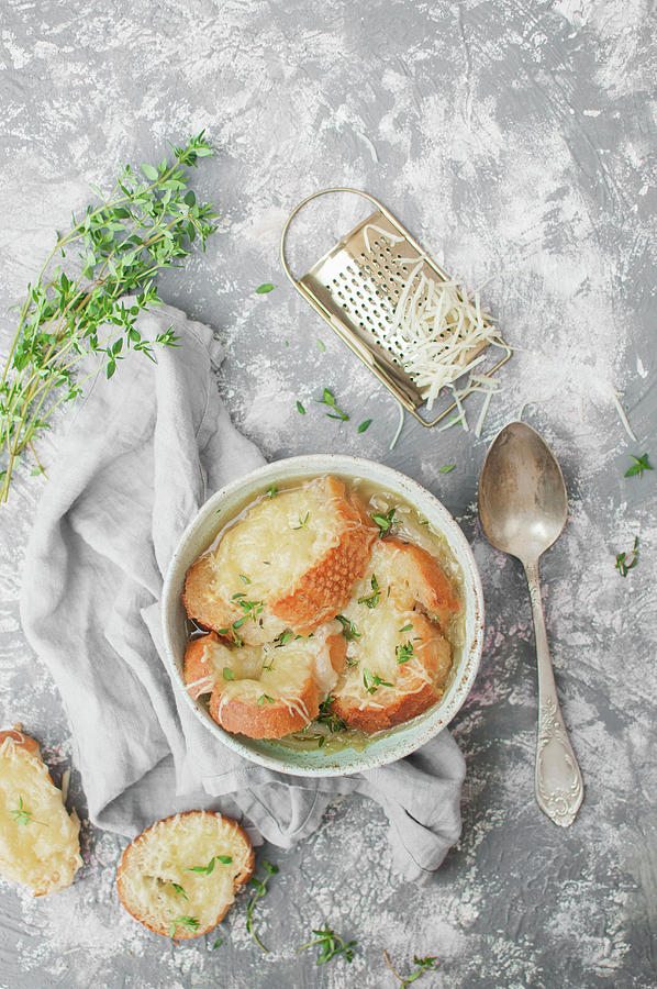 French Onion Soup Served With Cheese Toasts gruyere And Fresh Thyme Photograph by Kachel Katarzyna